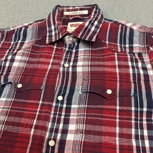 Levis Shirt Mens Medium Red White Blue USA Pearl Snap Modern Fit Western Rodeo